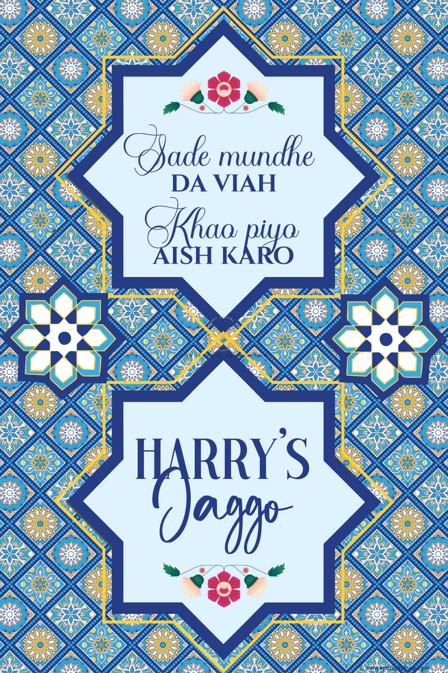 Royal Blue Color Moroccan Geometric Tile Pattern Welcome Board for Jaggo