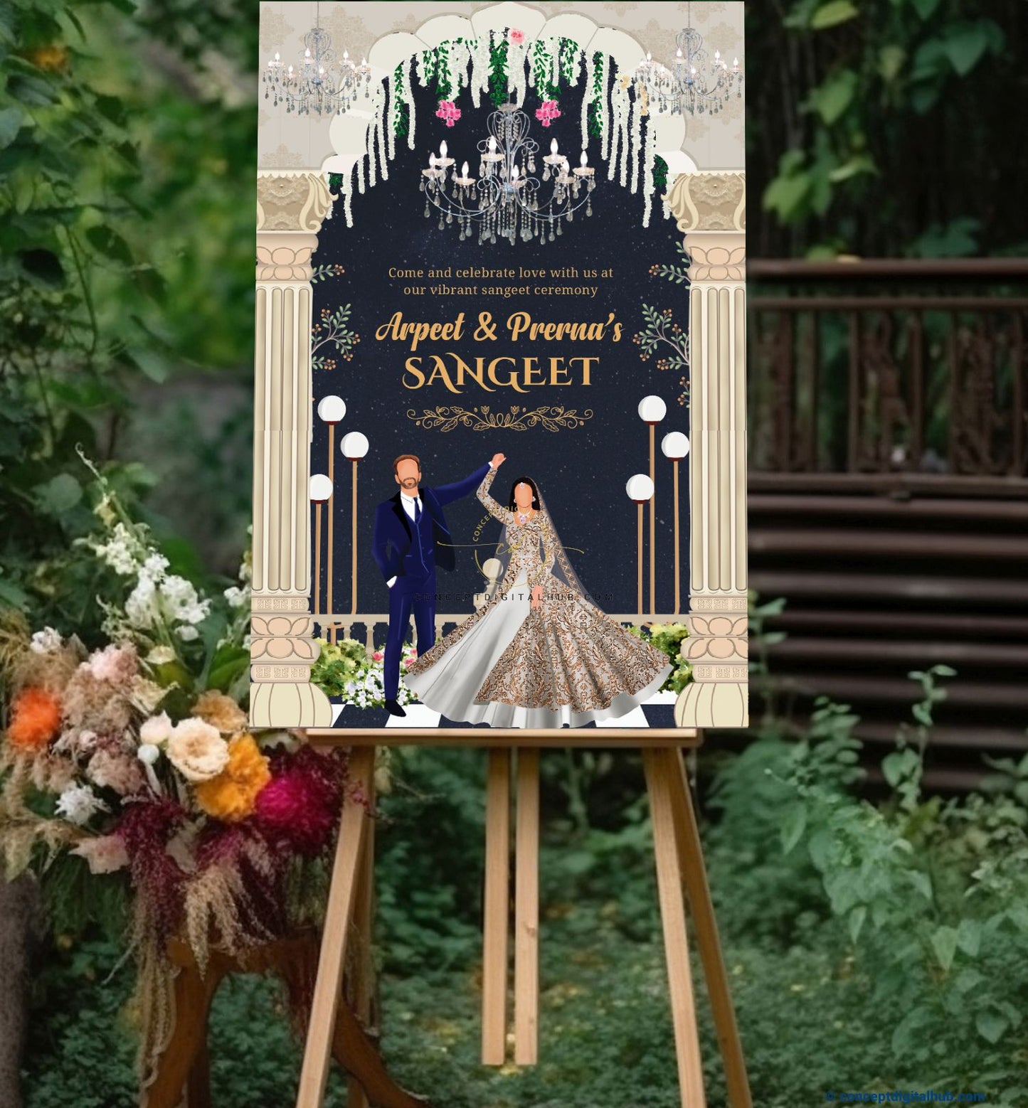 Almond Color Crystal Chandelier Welcome Board for Sangeet