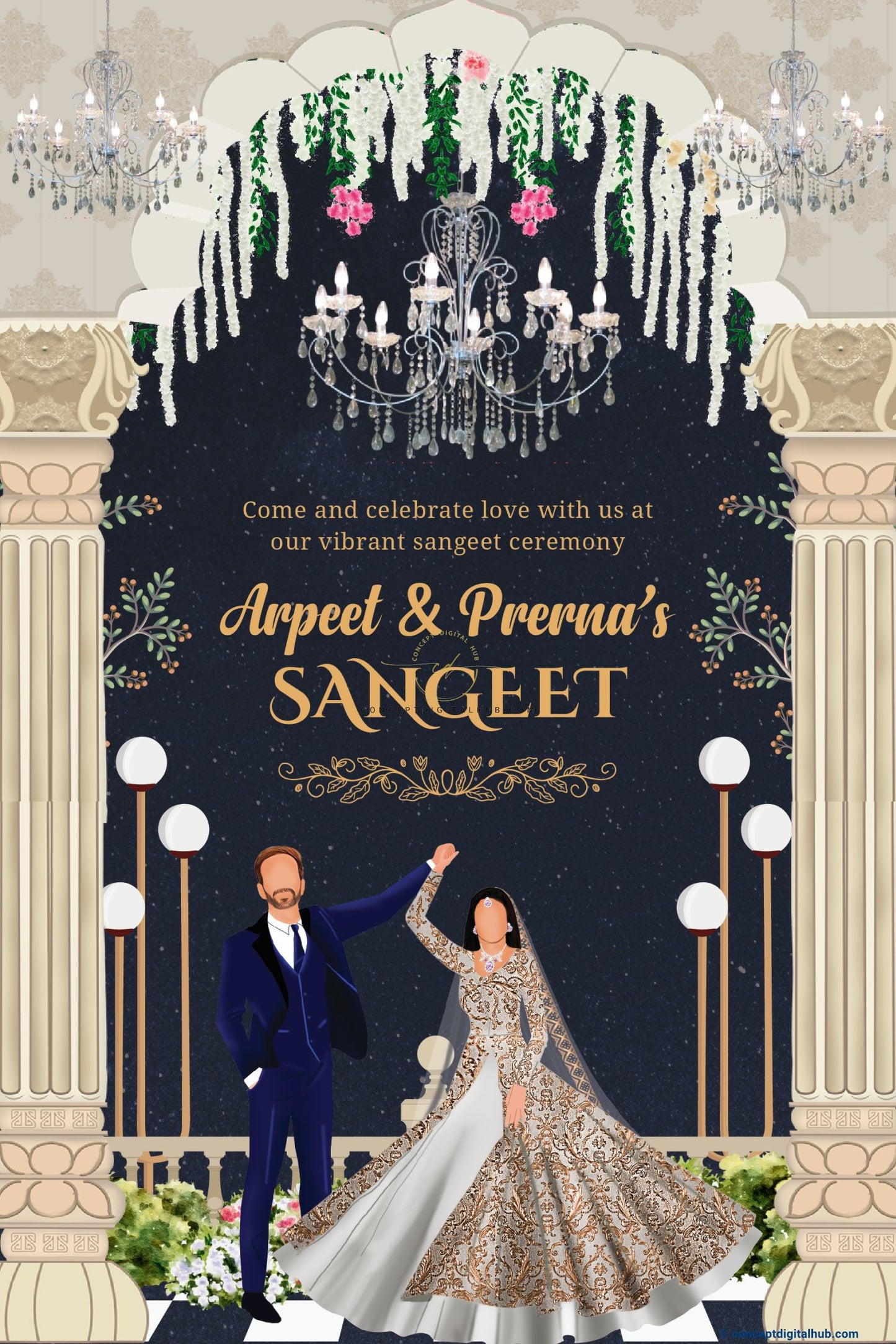 Almond Color Crystal Chandelier Welcome Board for Sangeet