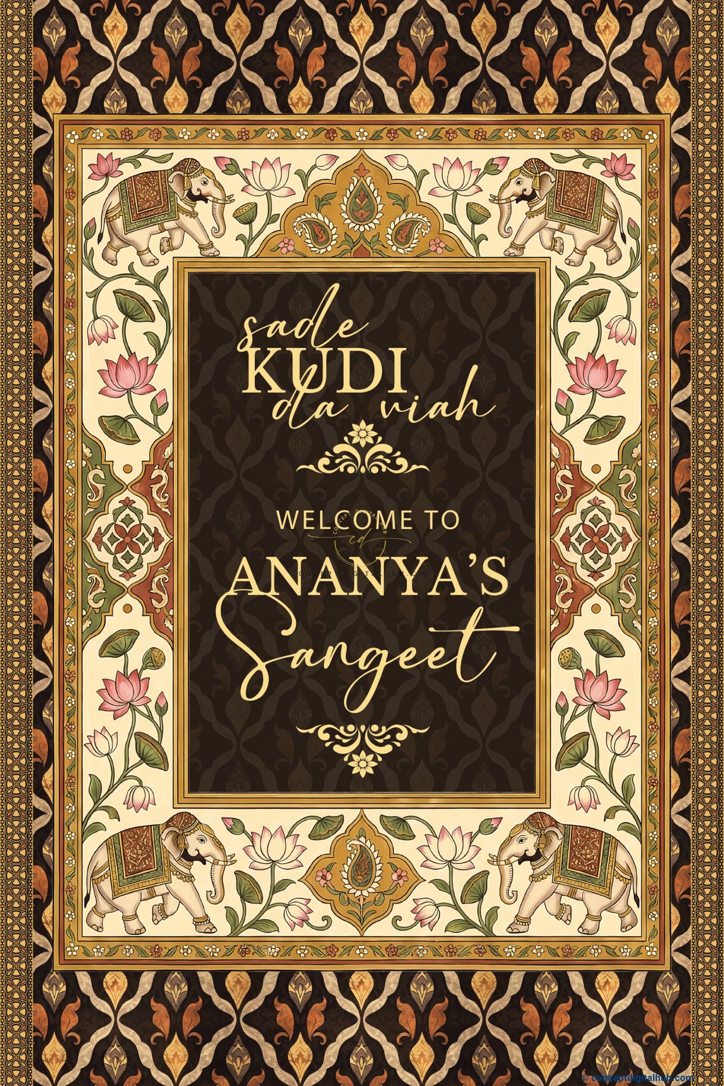 Dark Chocolate Brown Color Lotus Flowers Welcome Board for Sangeet