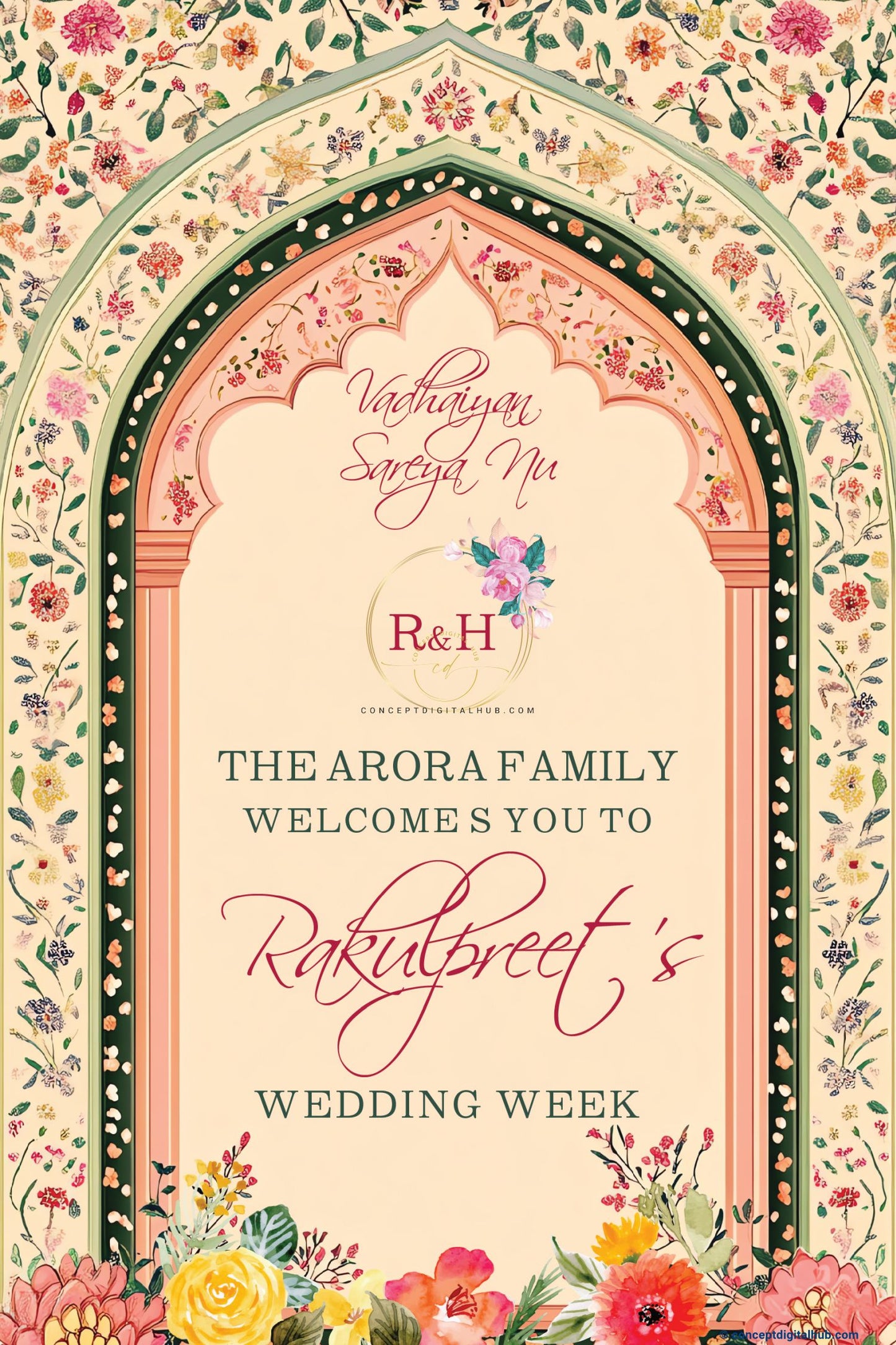 Tequila Color Floral Welcome Board for Wedding Week