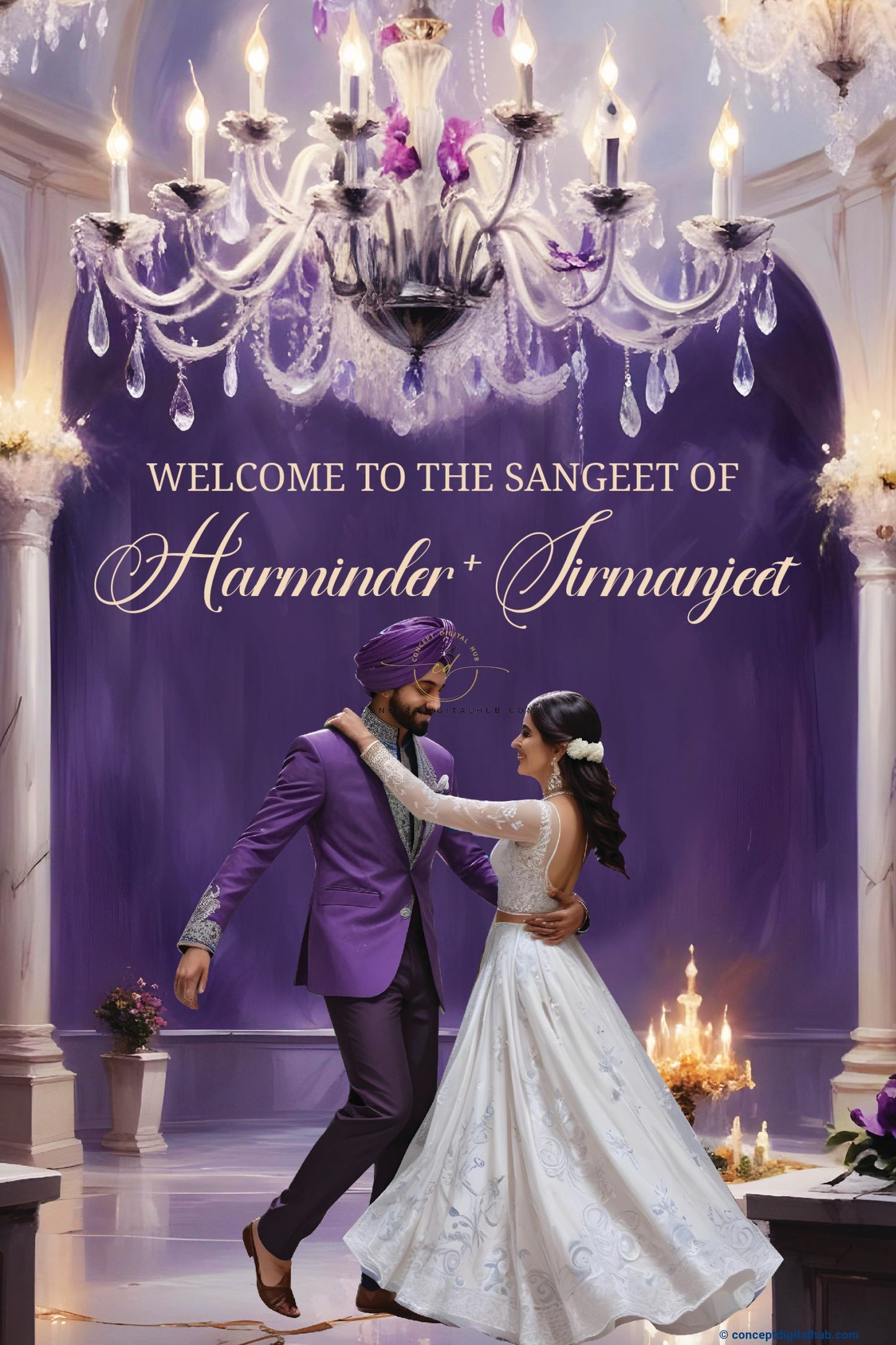 Purple Color Chandelier Welcome Sign Board for Sangeet