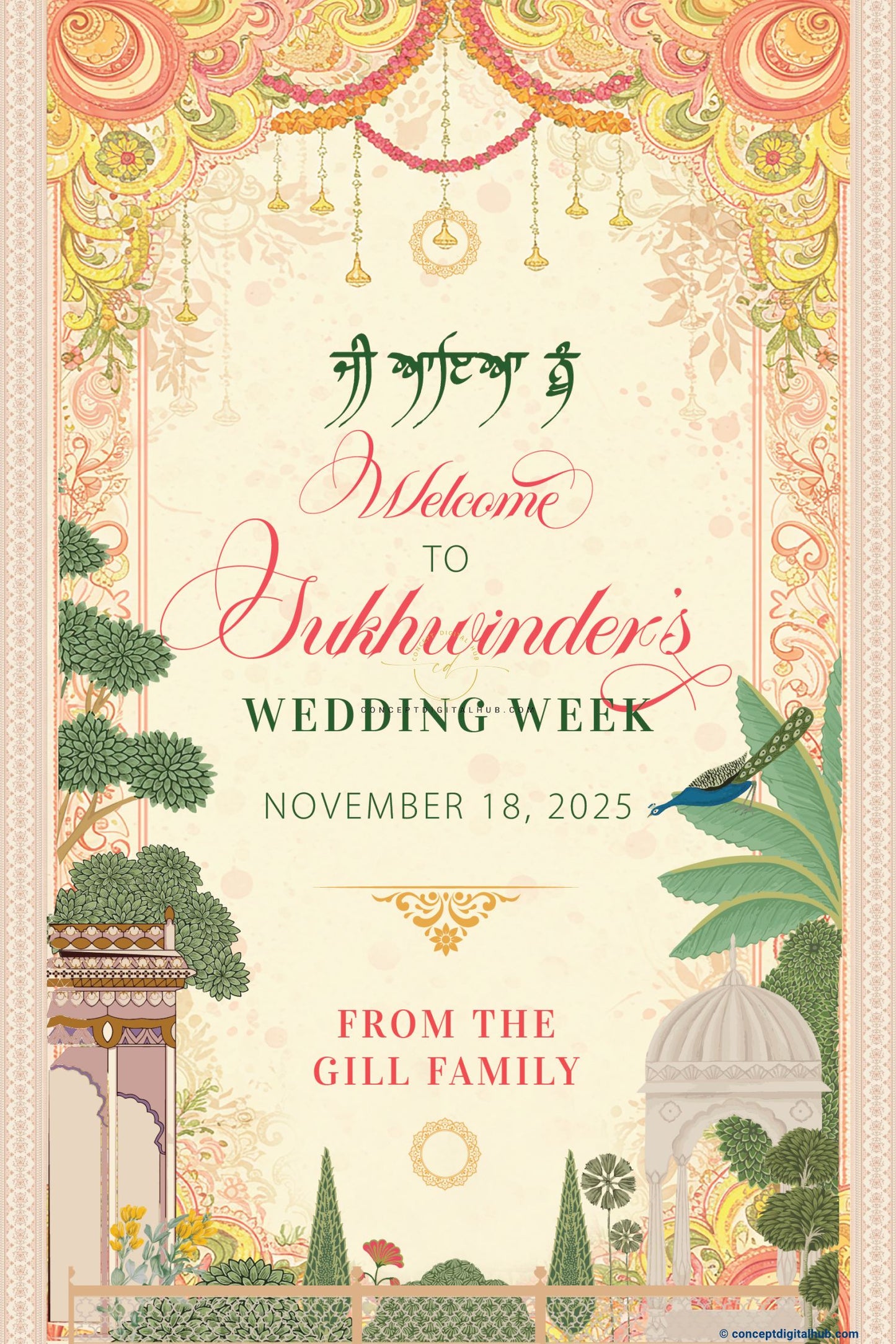Peach Color Floral Foliage Welcome Board for Wedding Week