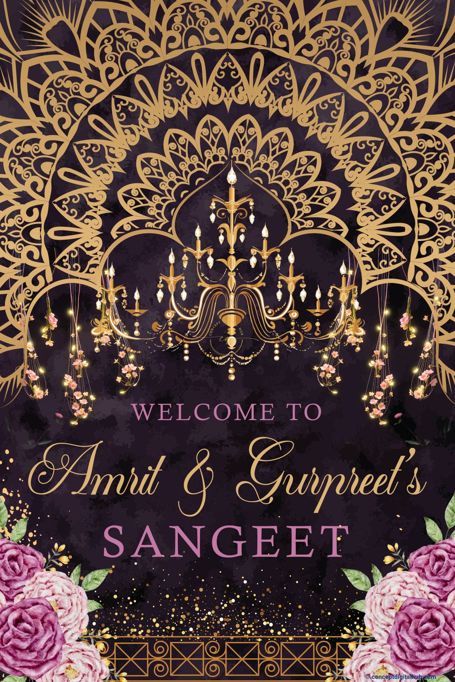 Magenta Color Chandelier Light Welcome Board for Sangeet