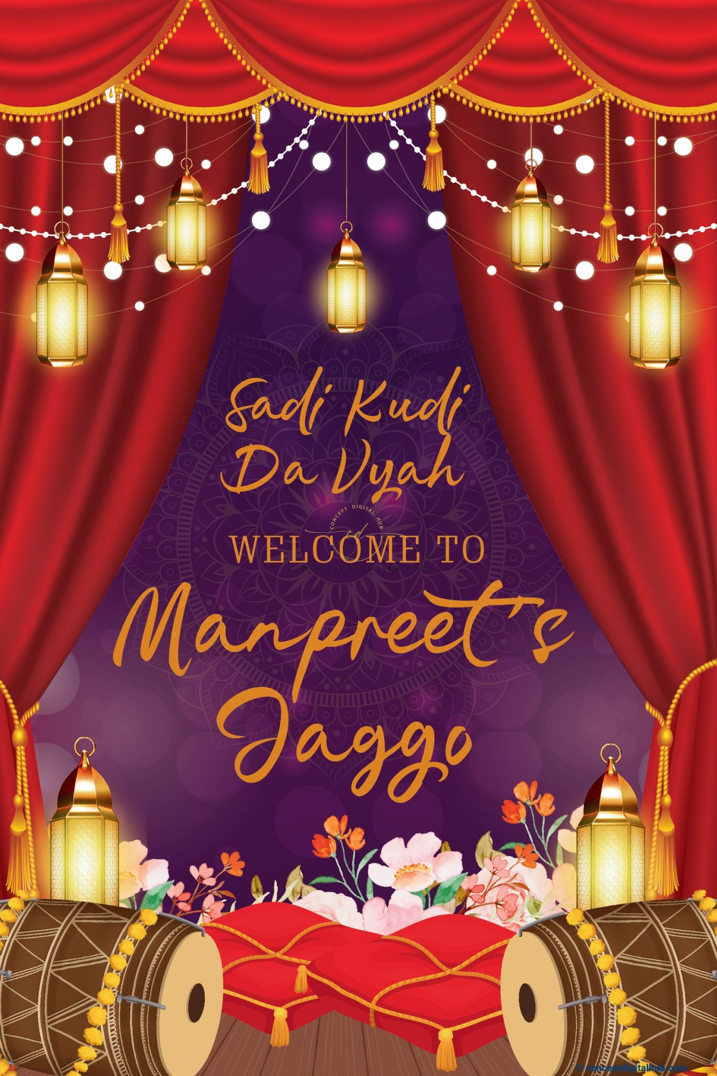 Red Color Dhol Sign Welcome Board for Night Jaggo