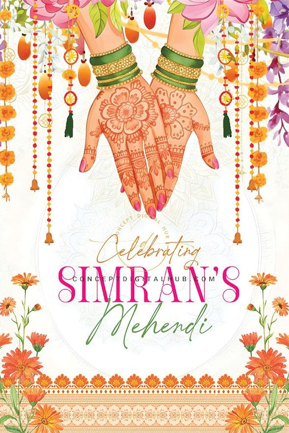 Marigold Orange Color Botanical Floral Welcome Board for Mehendi