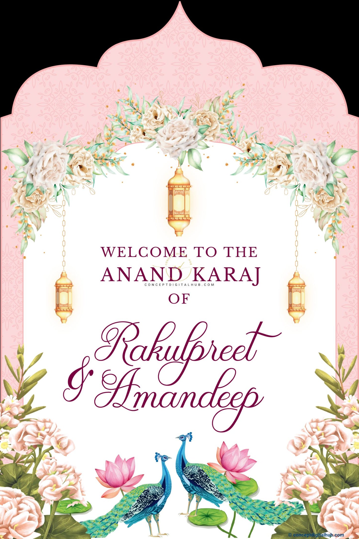 Pink Color Floral Peacock Welcome Board for Wedding Week