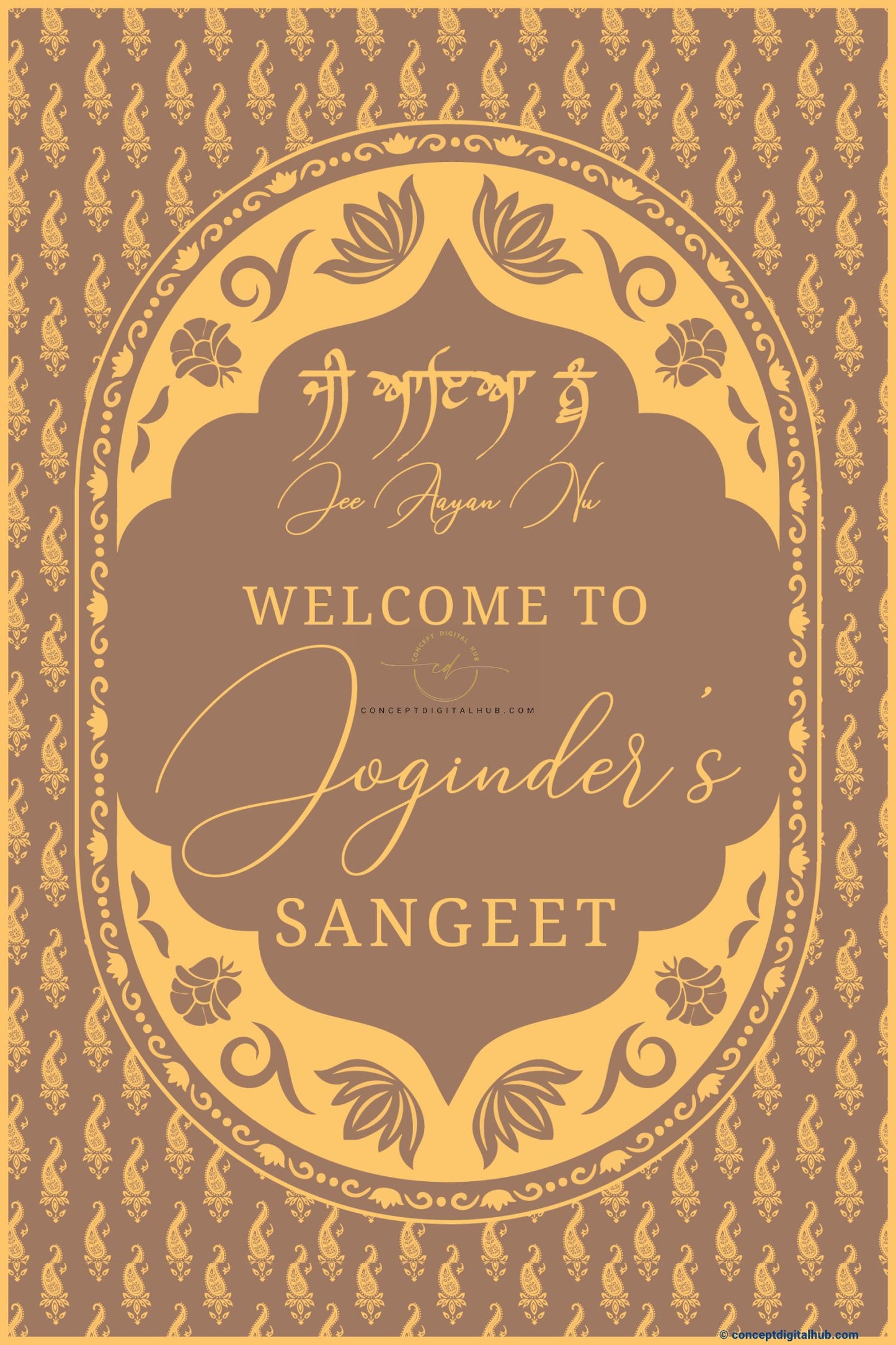 Cocoa Brown Color Paisley Textile Art Welcome Board for Sangeet