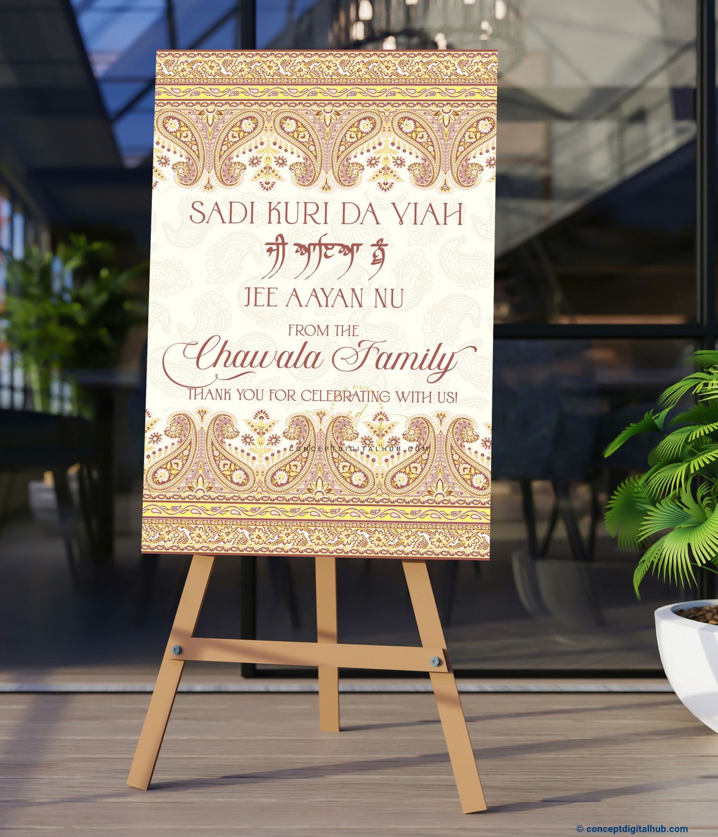 Vanilla Color Paisley Border Welcome Board for Wedding Week