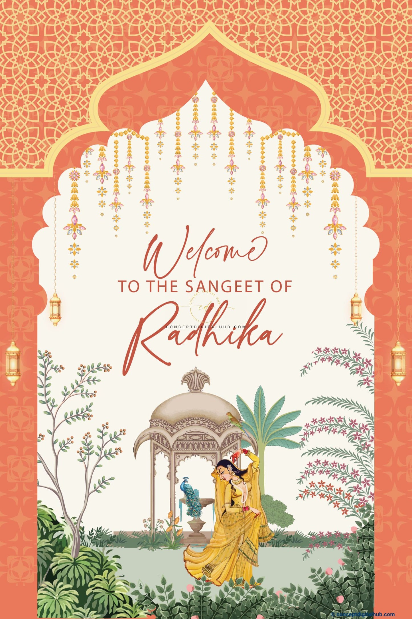 Dark Peach Color Peacock Welcome Board for Sangeet