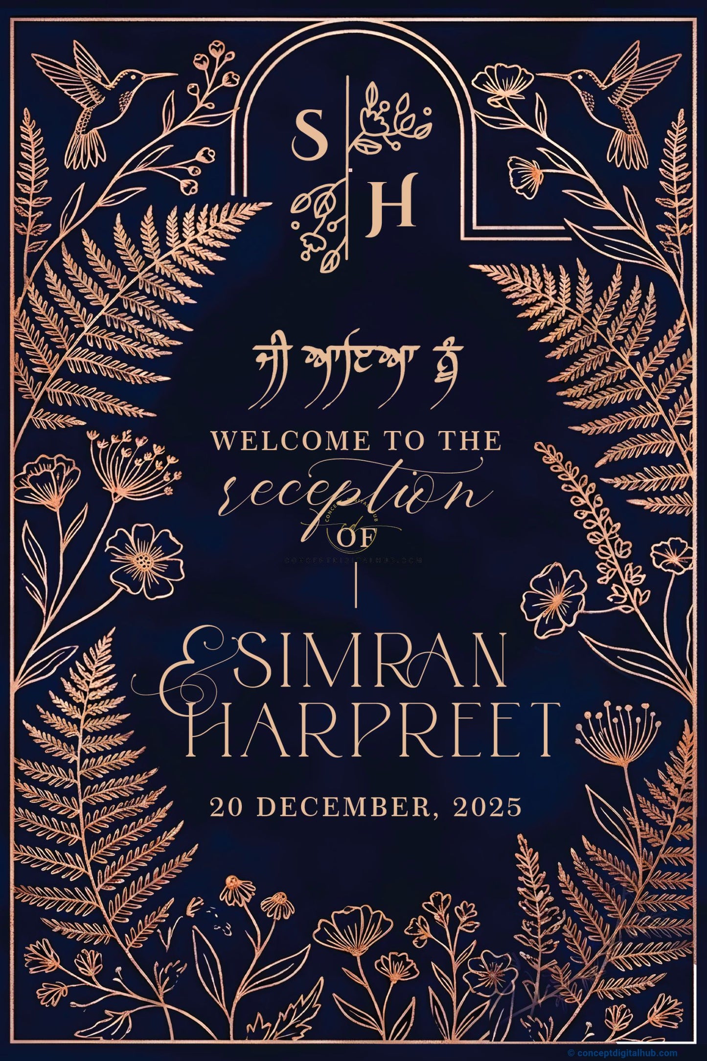 Midnight Navy Color Fern Leaf Accents Welcome Board for Wedding Week