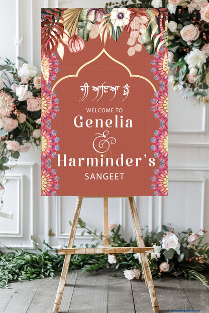 Dusty Rose Color Palm Leaves Welcome Board for Sangeet