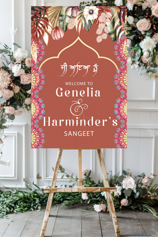 Dusty Rose Color Palm Leaves Welcome Board for Sangeet