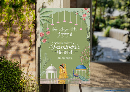 Greenish Yellow Color Mughal miniature Welcome Board for Mehendi