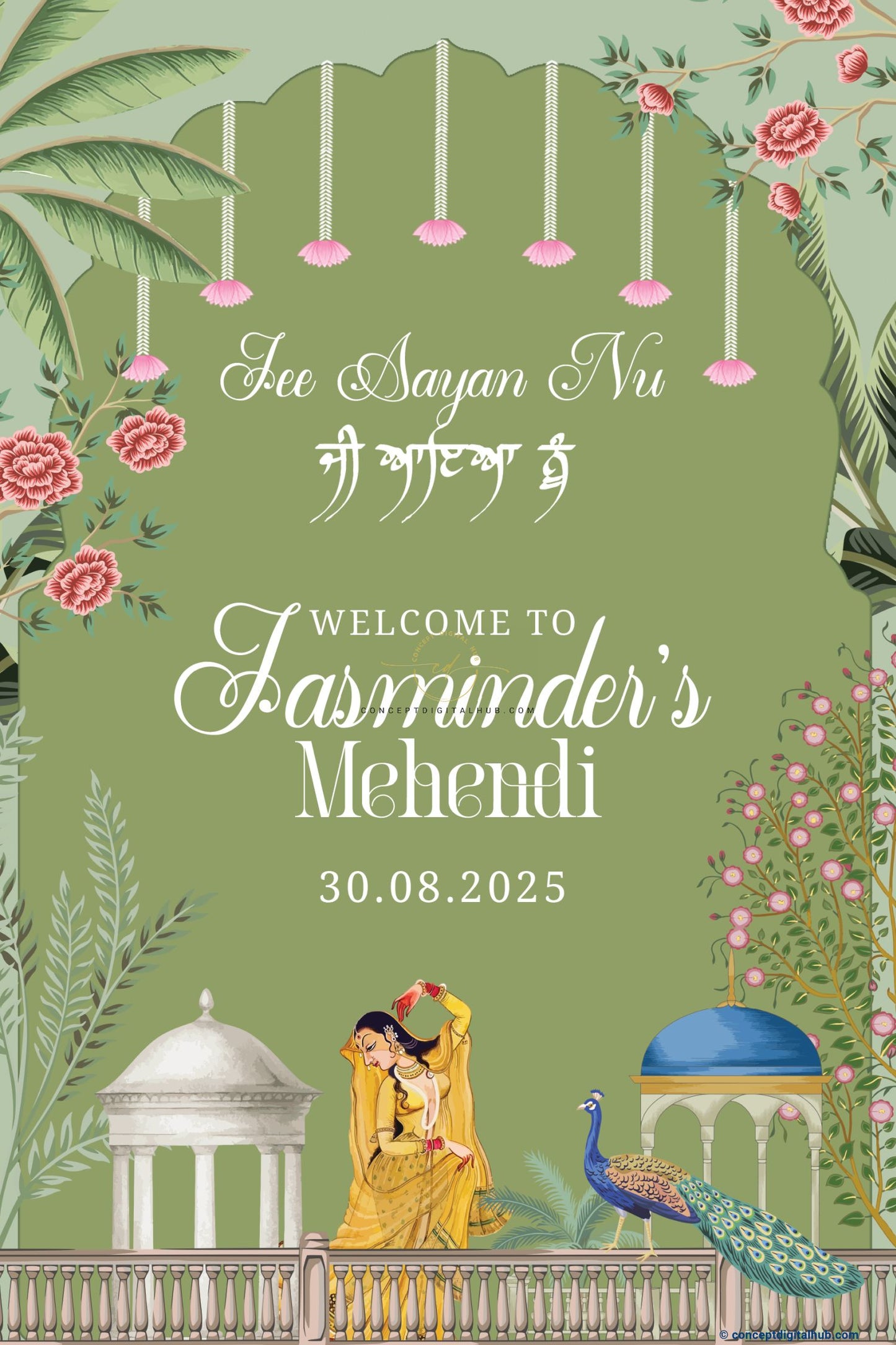 Greenish Yellow Color Mughal miniature Welcome Board for Mehendi