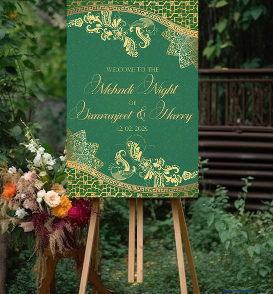 Green Color Gold Floral Pattern Welcome Board for Mehndi