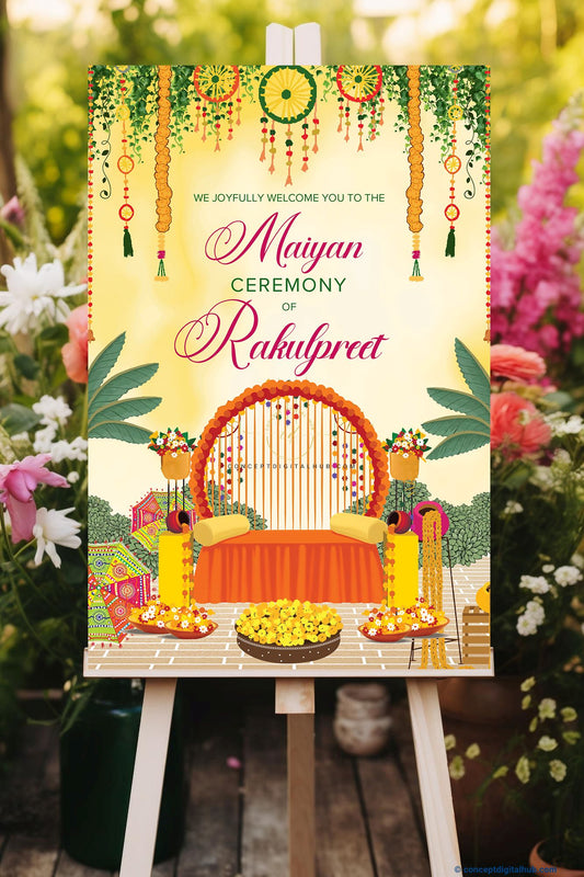Orangy Yellow Color Mandap Welcome Board for Maiyan