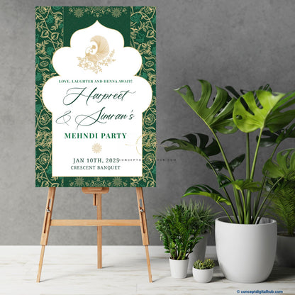 Green Color Golden Peacock Welcome Board for Mehndi