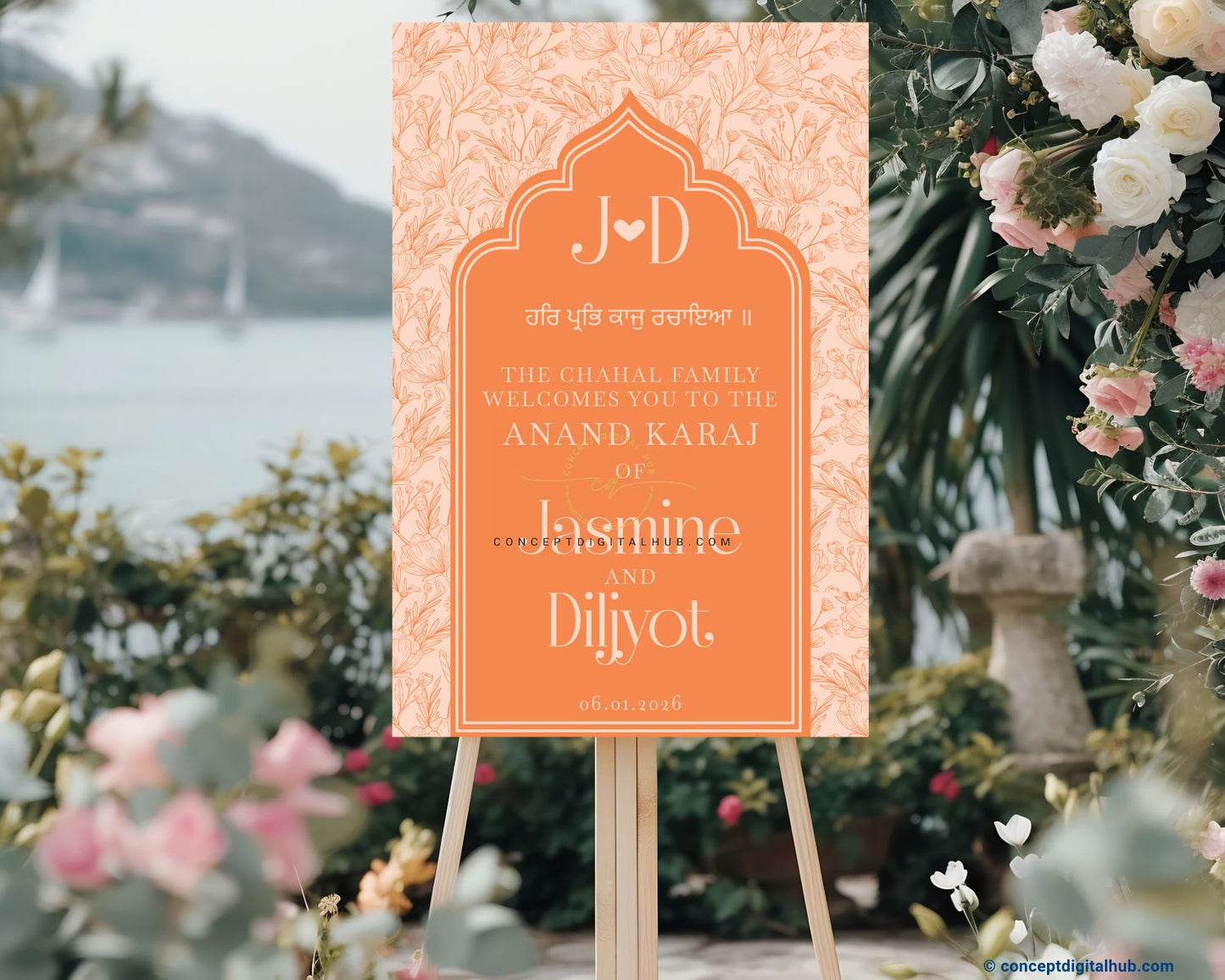 Peach Orange Color Floral Line Art Welcome Board for Wedding Week