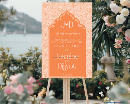 Peach Orange Color Floral Line Art Welcome Board for Wedding Week