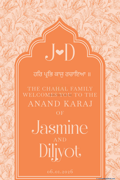 Peach Orange Color Floral Line Art Welcome Board for Wedding Week