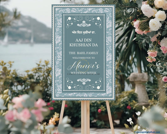 Dusty Blue Color Floral Lace Pattern Welcome Board for Wedding Week