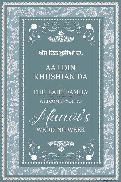 Dusty Blue Color Floral Lace Pattern Welcome Board for Wedding Week