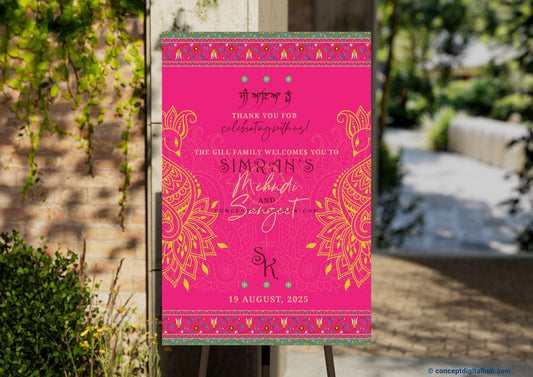 Pink Lemonade Color Paisley Motifs Welcome Board for Sangeet