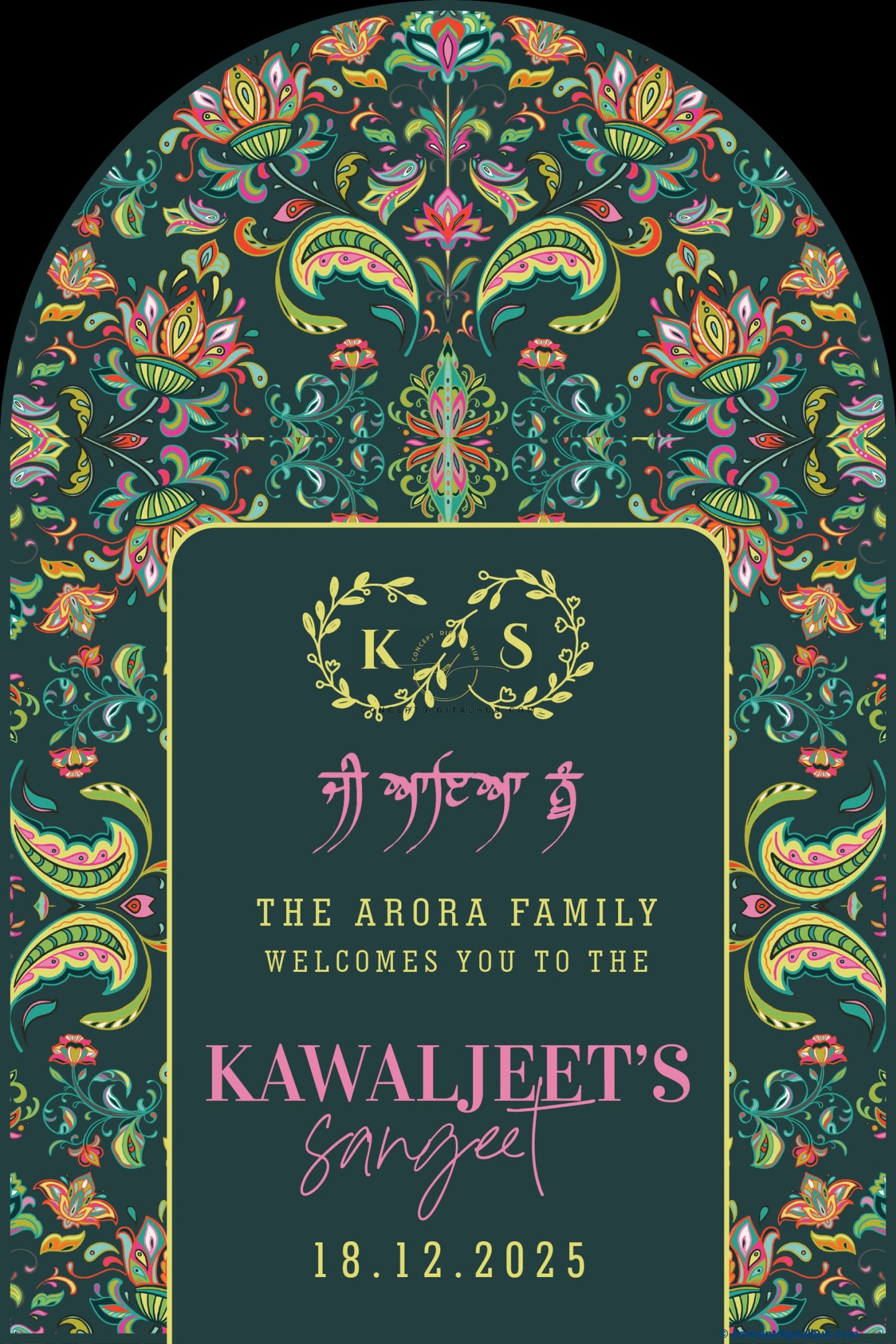 Deep Teal Color Lotus Flower Motifs Welcome Board for Sangeet