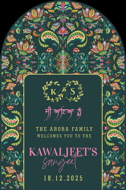 Deep Teal Color Lotus Flower Motifs Welcome Board for Sangeet