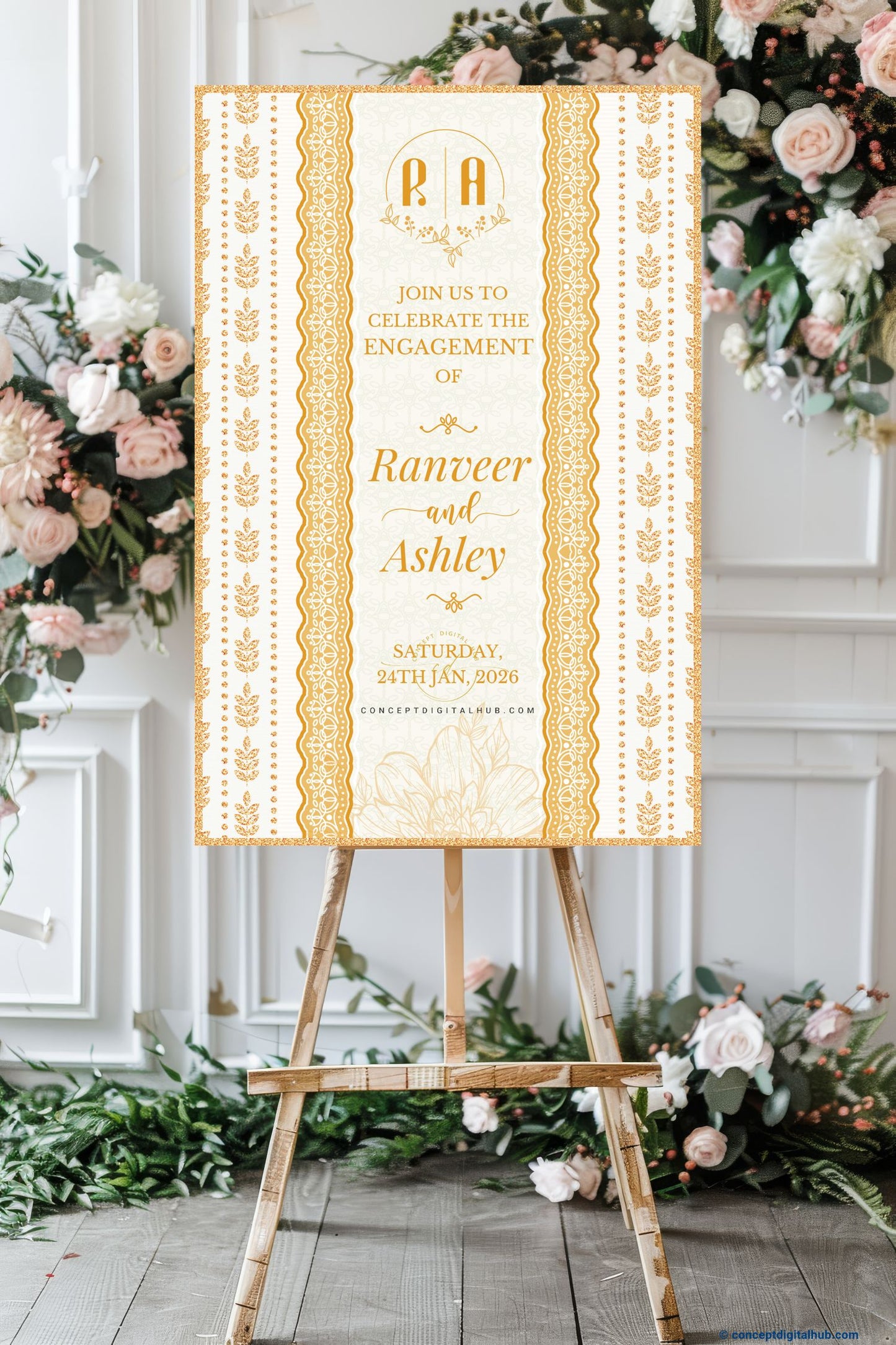 Metallic Gold Color Leaf Motifs Welcome Board for Engagement
