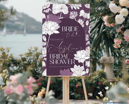 Dark Plum Color Lotus Flower Welcome Board for Bridal Shower