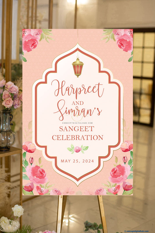 Pink Flower Sangeet Welcome Sign Board