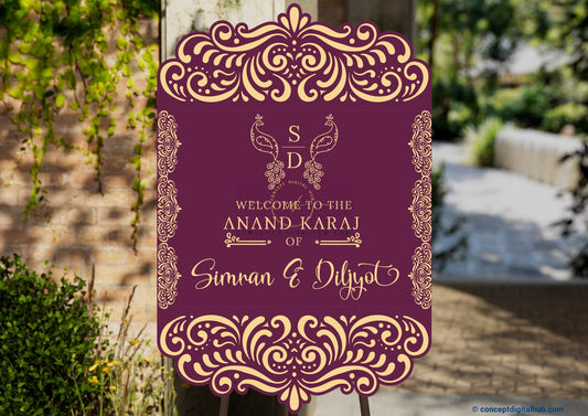 Purple Color Golden Baroque Welcome Board for Anand Karaj
