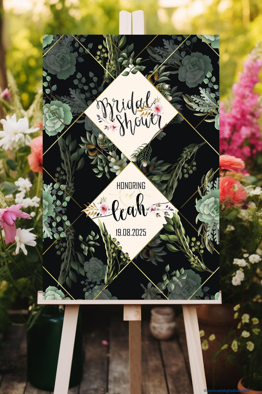 Onyx Color Eucalyptus Leaves Welcome Board for Bridal Shower