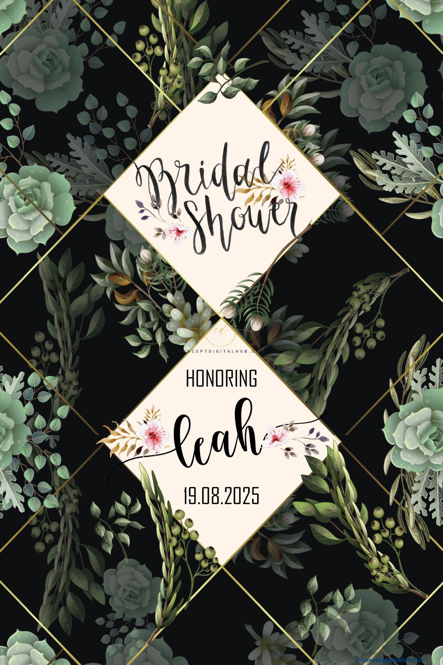Onyx Color Eucalyptus Leaves Welcome Board for Bridal Shower