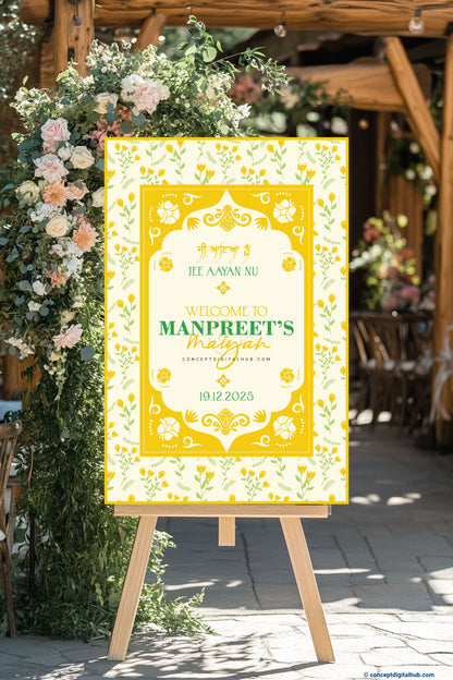 Marigold Yellow Color Floral Medallion Motifs Welcome Board for Maiyan
