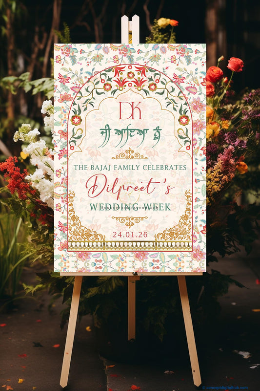 Cream Color Floral Heritage Welcome Board for Wedding Week