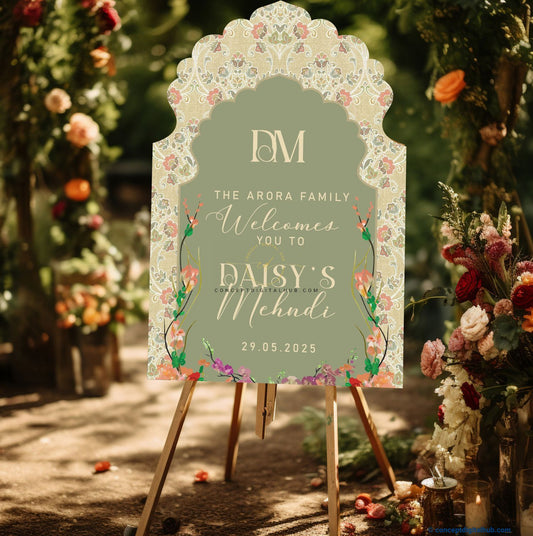 Green Color Floral Welcome Board for Mehndi