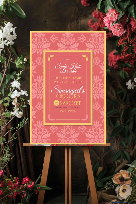 Blush Pink Color Vintage Damask Welcome Board for Wedding Week