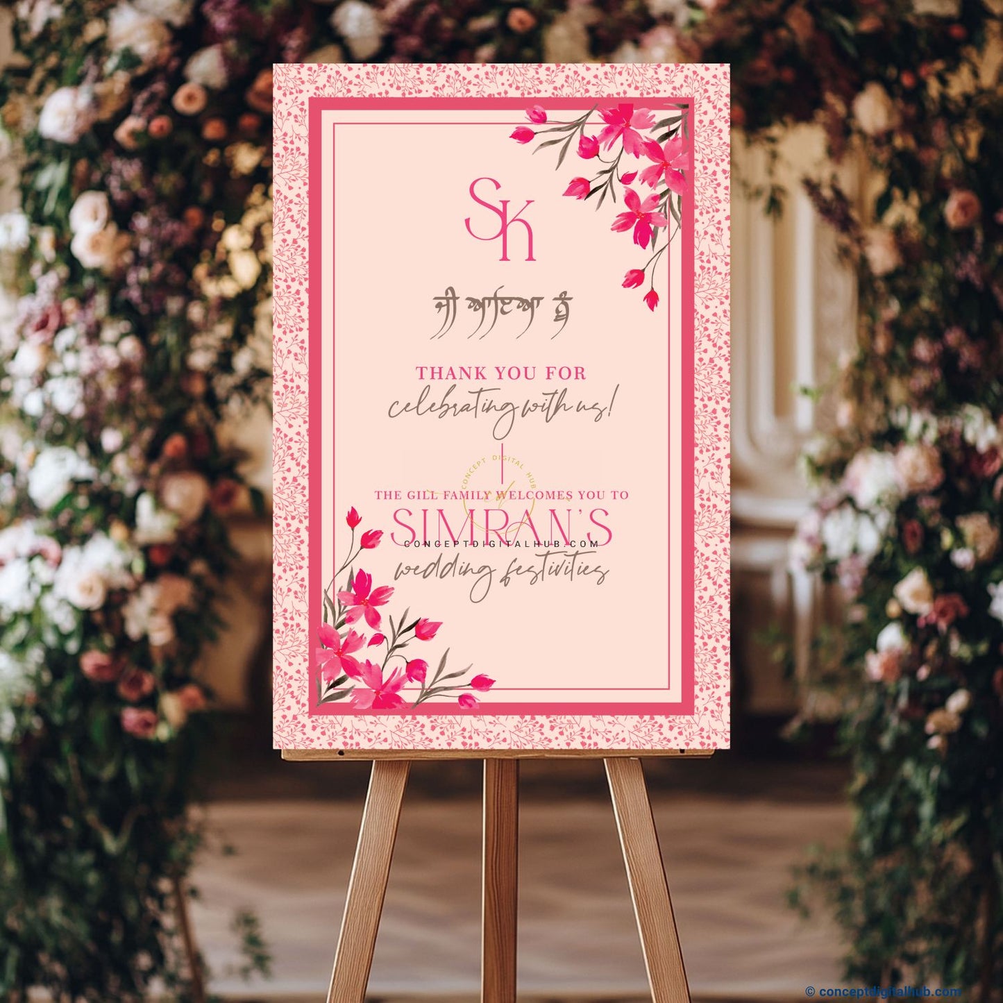 Rose Pink Color Contemporary Floral Welcome Board for Wedding Week