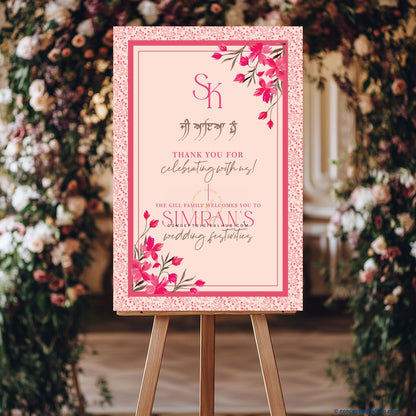 Rose Pink Color Contemporary Floral Welcome Board for Wedding Week
