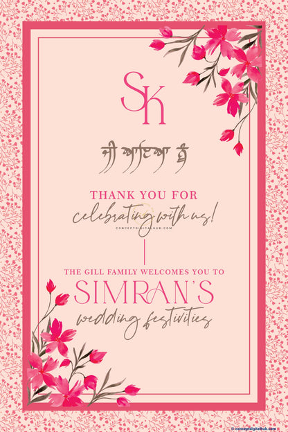 Rose Pink Color Contemporary Floral Welcome Board for Wedding Week