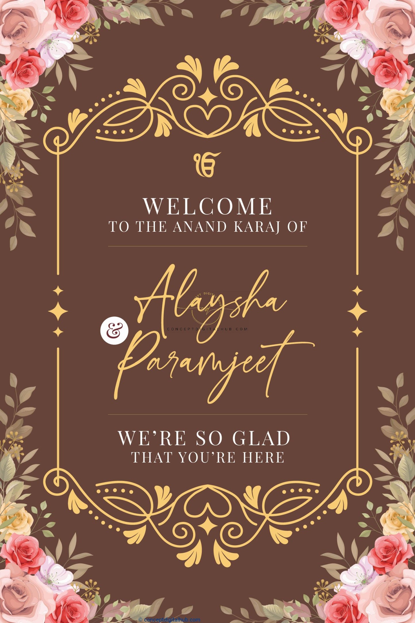 Brown Gold Anand Karaj Welcome Board Sign