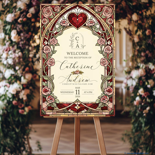 Burgundy Color Heart Motif Welcome Board for Wedding Week