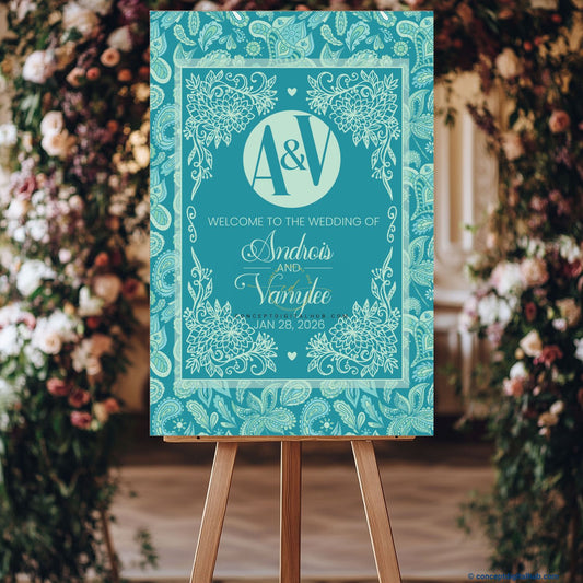 Light Aqua Color Vintage Floral Welcome Board for Wedding Week
