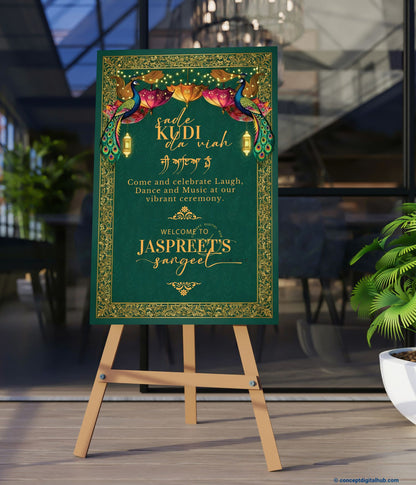 Emerald Green Color Leaf Pattern Welcome Board for Sangeet
