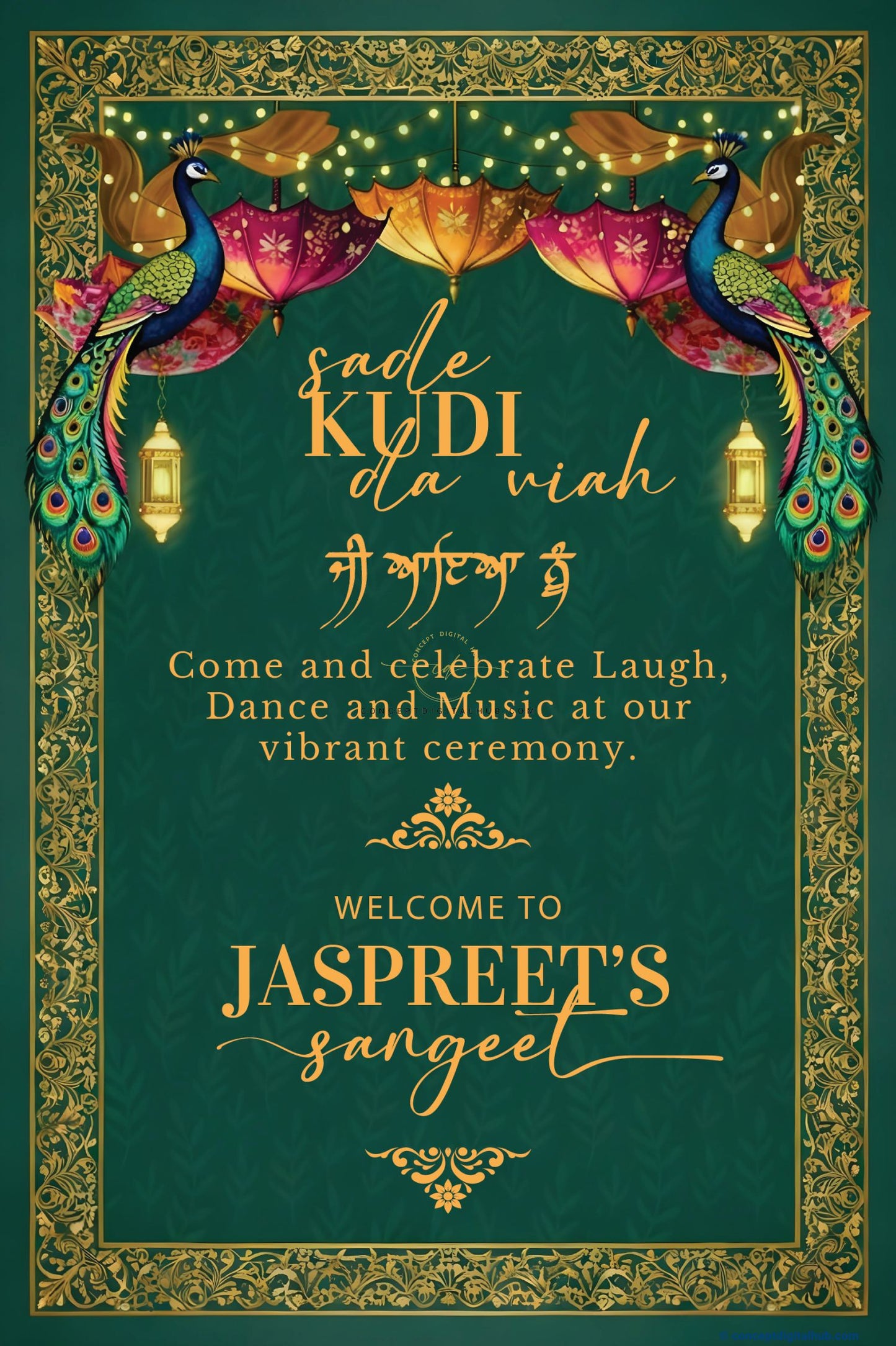 Emerald Green Color Leaf Pattern Welcome Board for Sangeet
