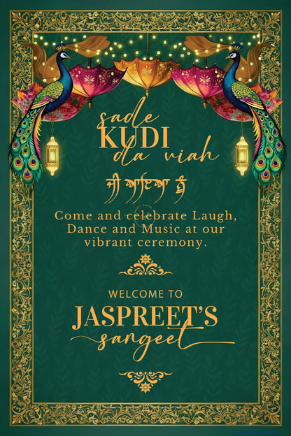 Emerald Green Color Leaf Pattern Welcome Board for Sangeet