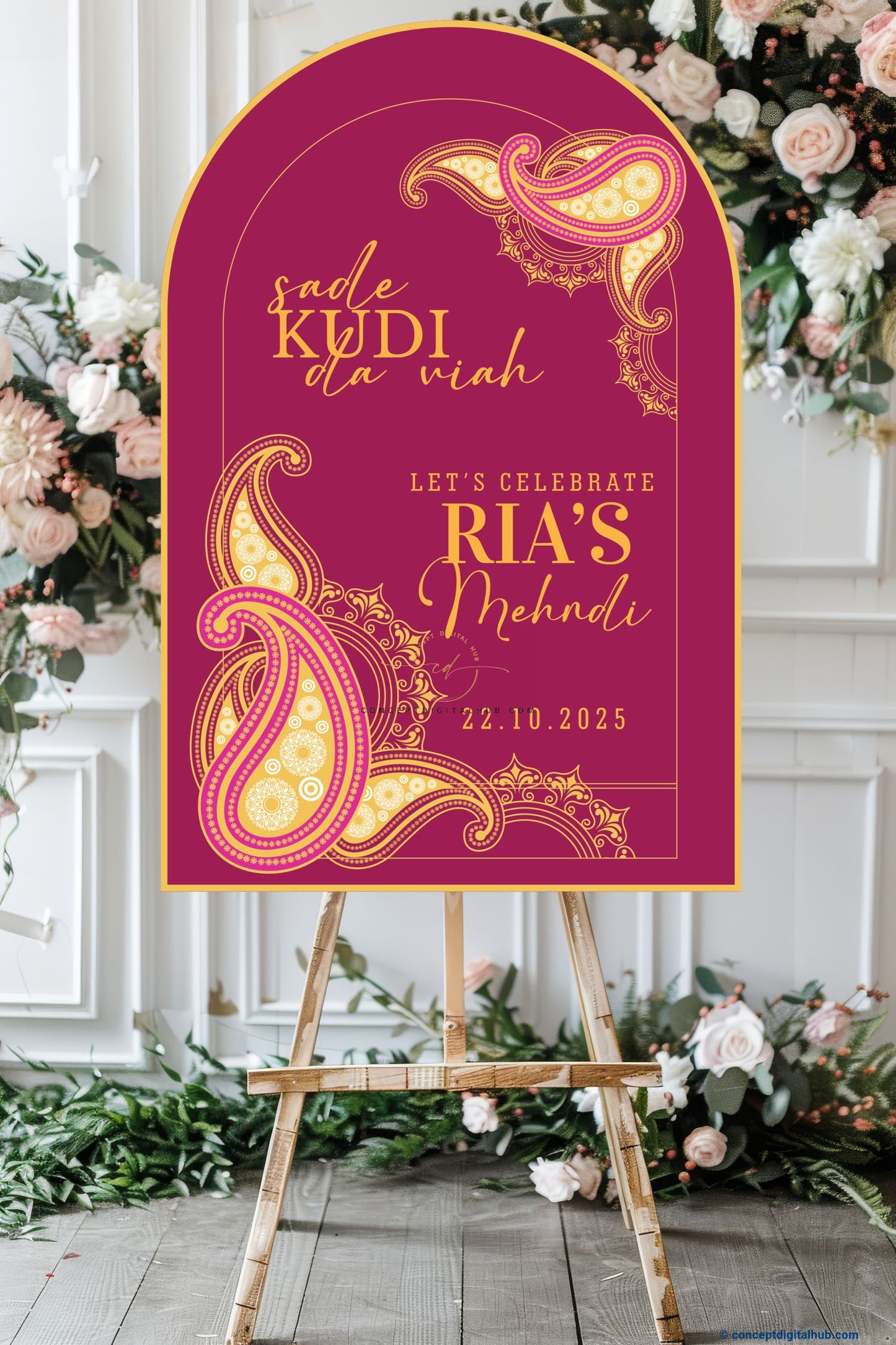 Berry Color Paisley Sign Welcome Board for Mehendi